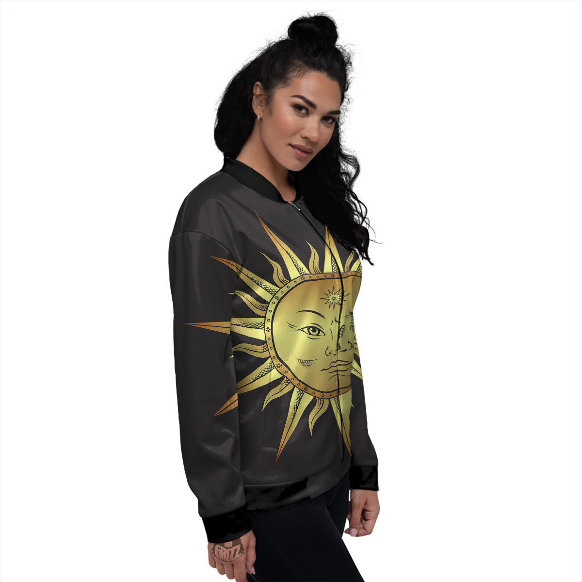 Celestial Sun Gold And Black Print Women's Bomber Jacket-grizzshop