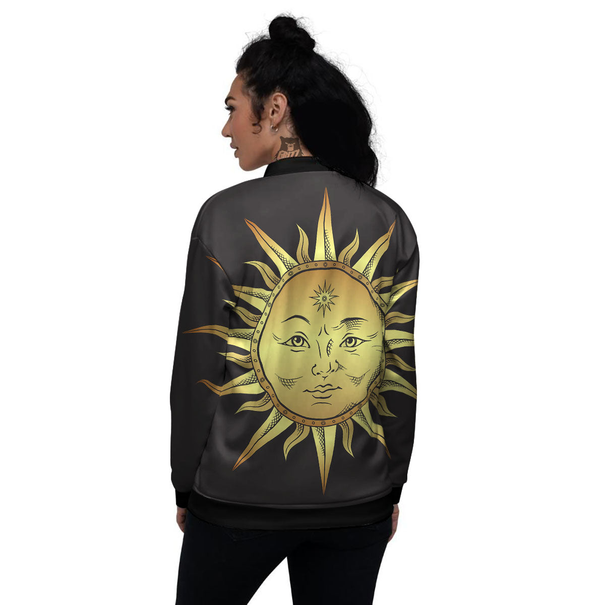 Celestial Sun Gold And Black Print Women's Bomber Jacket-grizzshop