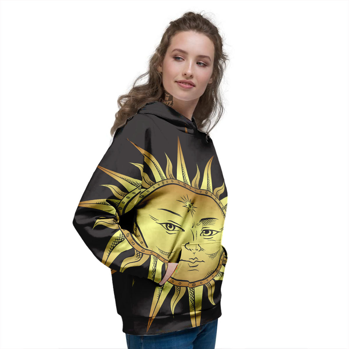 Celestial Sun Gold And Black Print Women's Hoodie-grizzshop