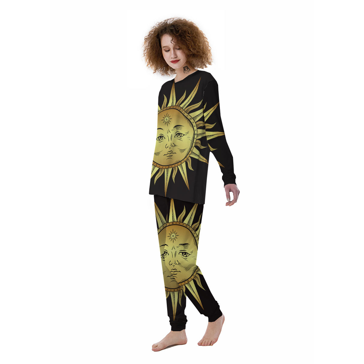 Celestial Sun Gold And Black Print Women's Pajamas-grizzshop