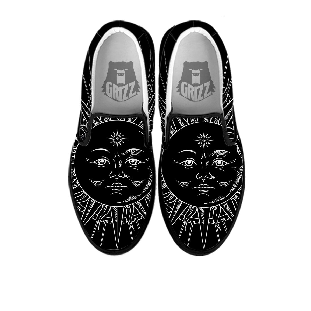 Celestial Sun White And Black Print Black Slip On Shoes-grizzshop