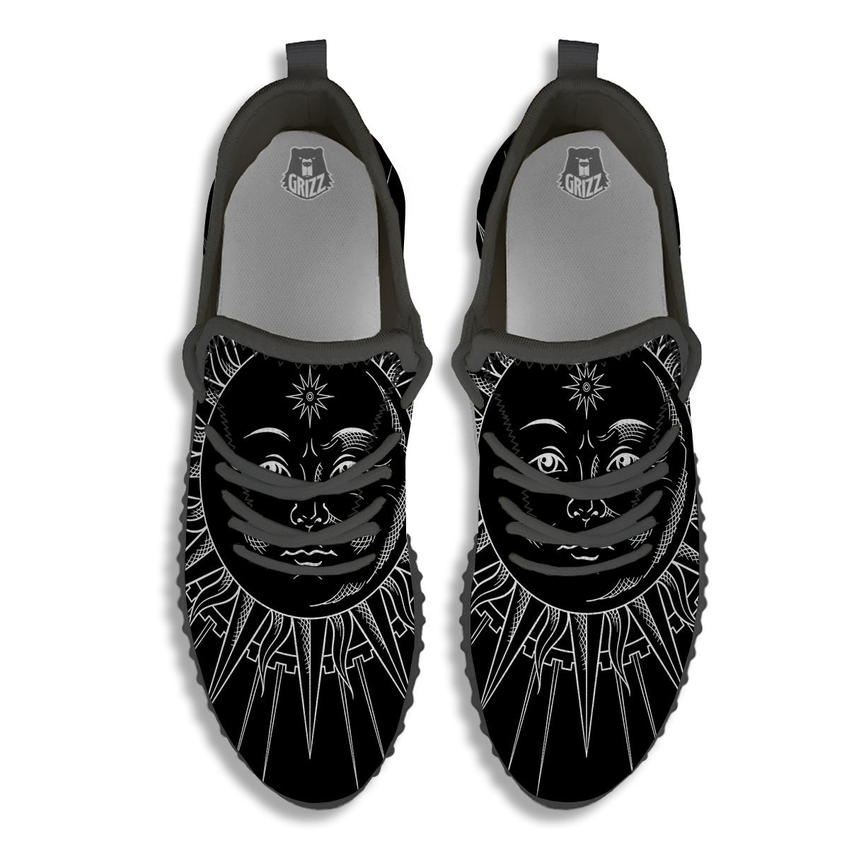 Celestial Sun White And Black Print Black Walking Shoes-grizzshop