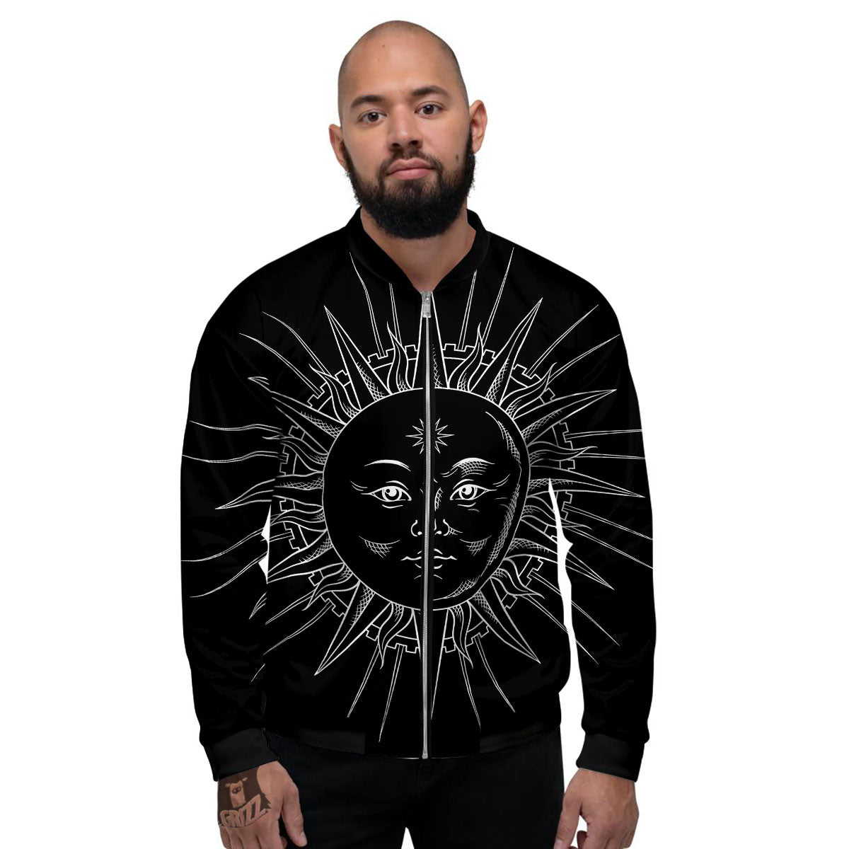 Celestial Sun White And Black Print Men's Bomber Jacket-grizzshop