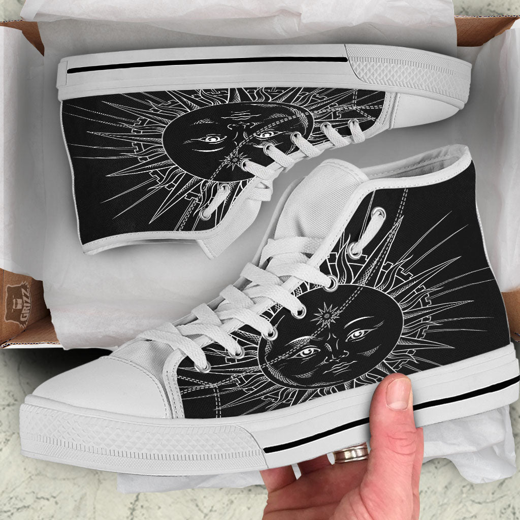 Celestial Sun White And Black Print White High Top Shoes-grizzshop