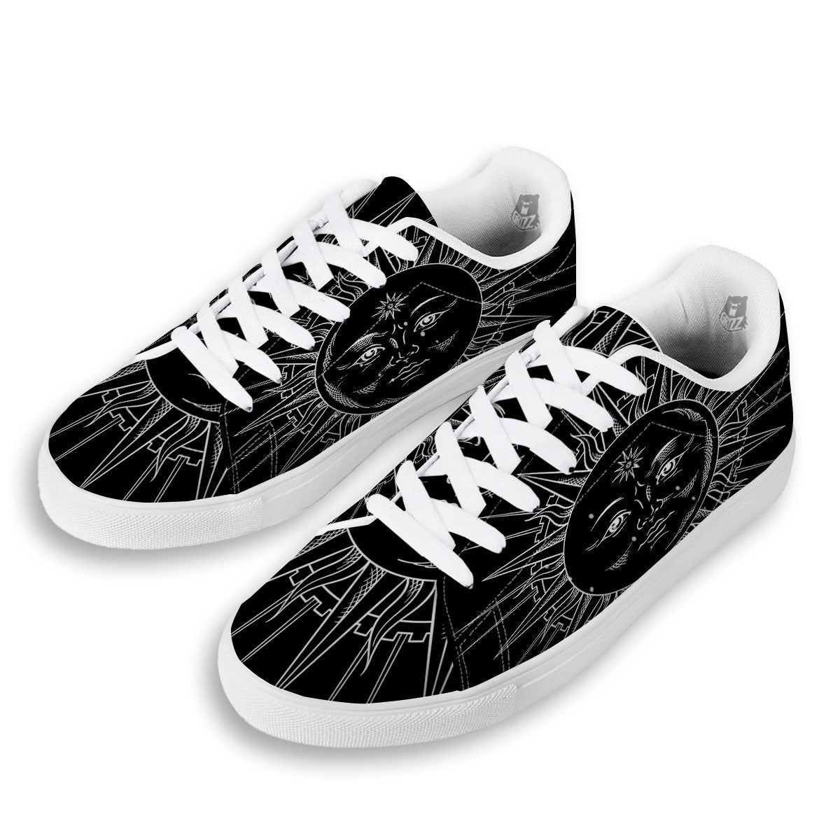 Celestial Sun White And Black Print White Low Top Sneakers-grizzshop