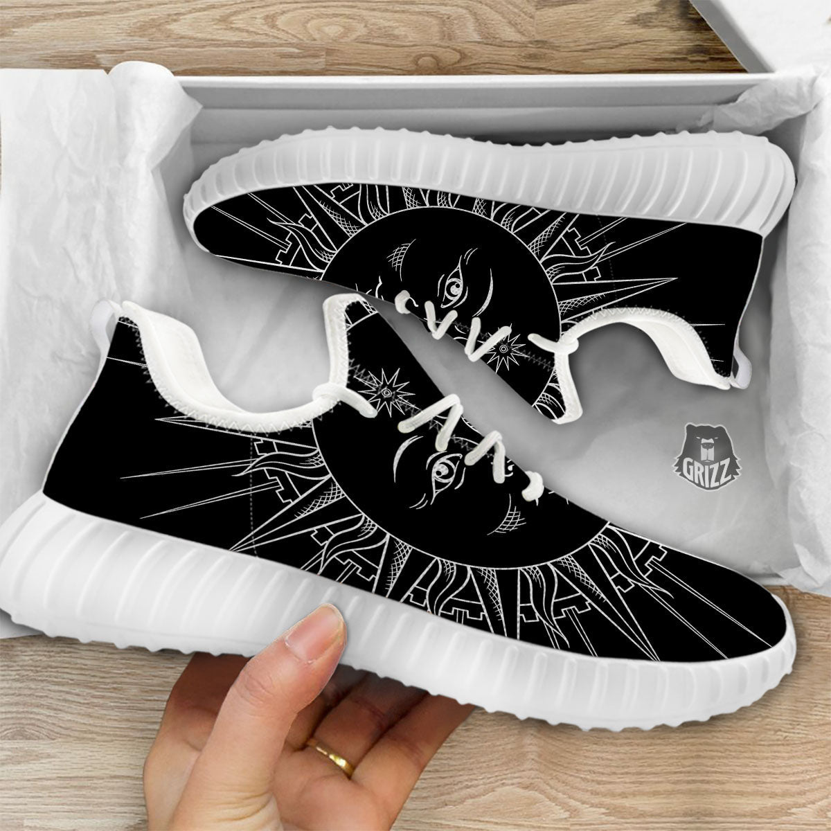 Celestial Sun White And Black Print White Walking Shoes-grizzshop