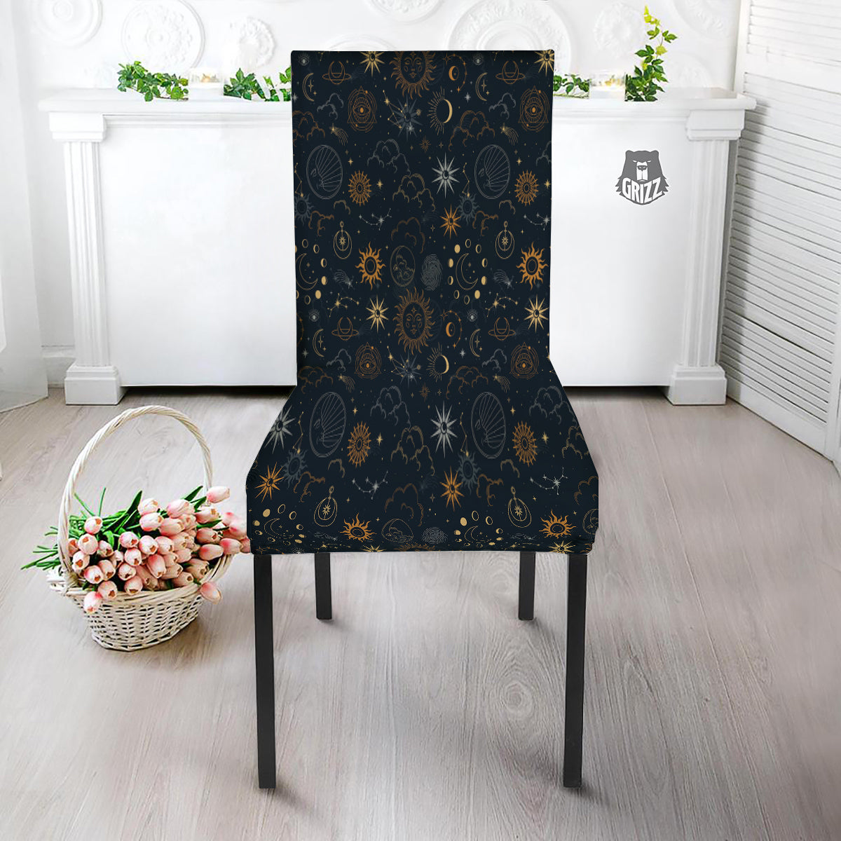 Celestial Vintage Print Pattern Dining Chair Slipcover-grizzshop