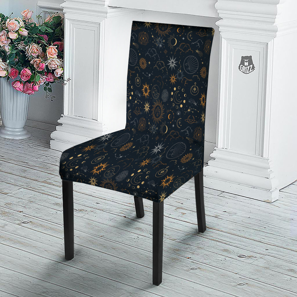 Celestial Vintage Print Pattern Dining Chair Slipcover-grizzshop