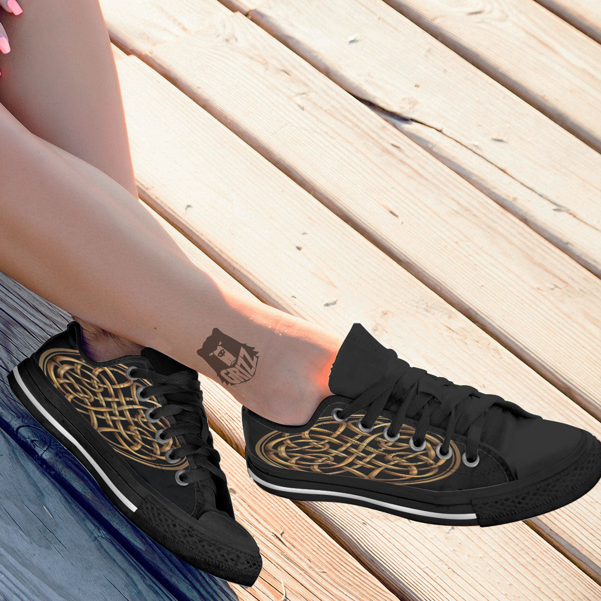 Celtic Knot Golden Print Black Low Top Shoes-grizzshop
