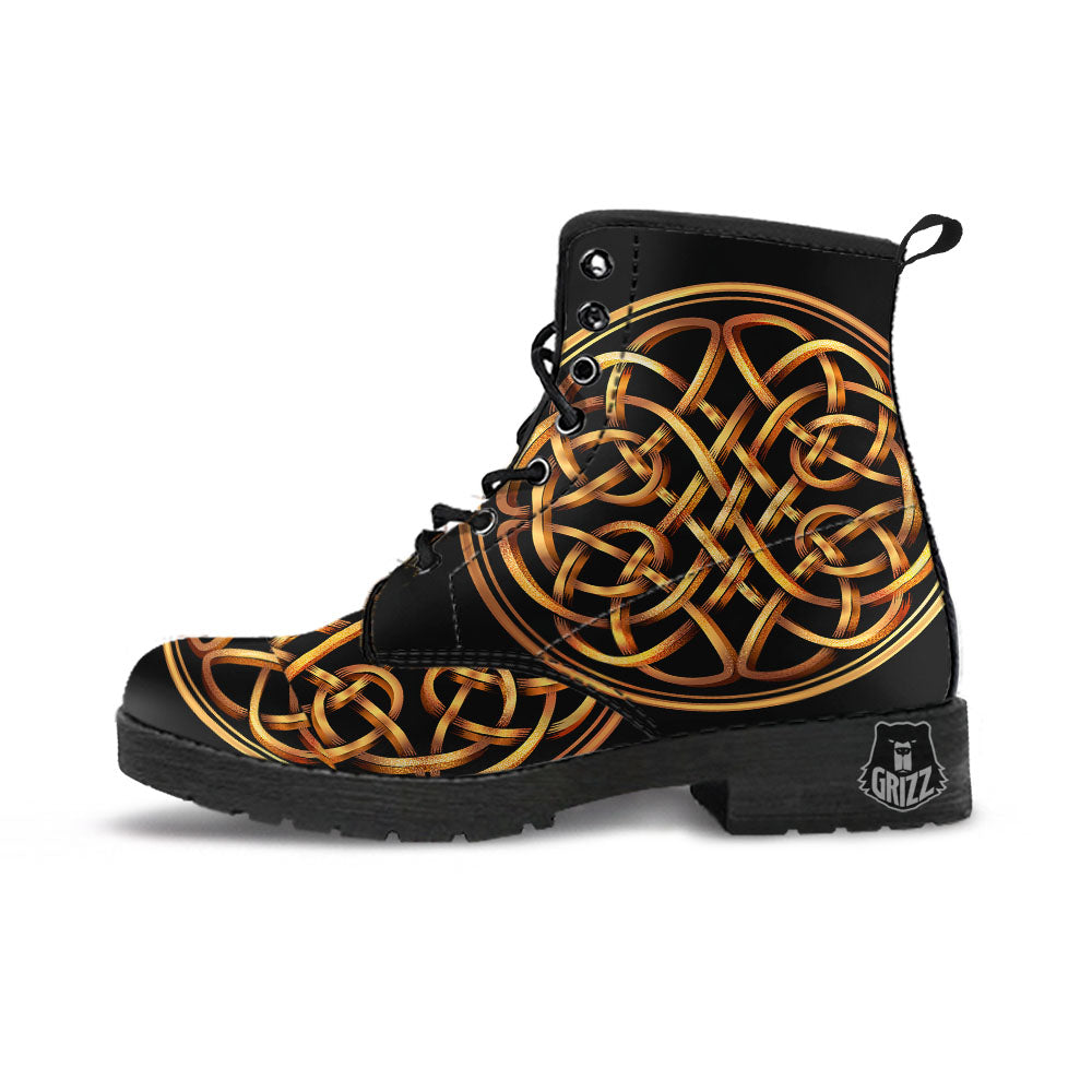 Celtic Knot Golden Print Leather Boots-grizzshop