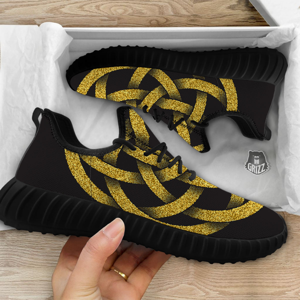 Celtic Knot Symbol Gold Circle Print Black Walking Shoes-grizzshop