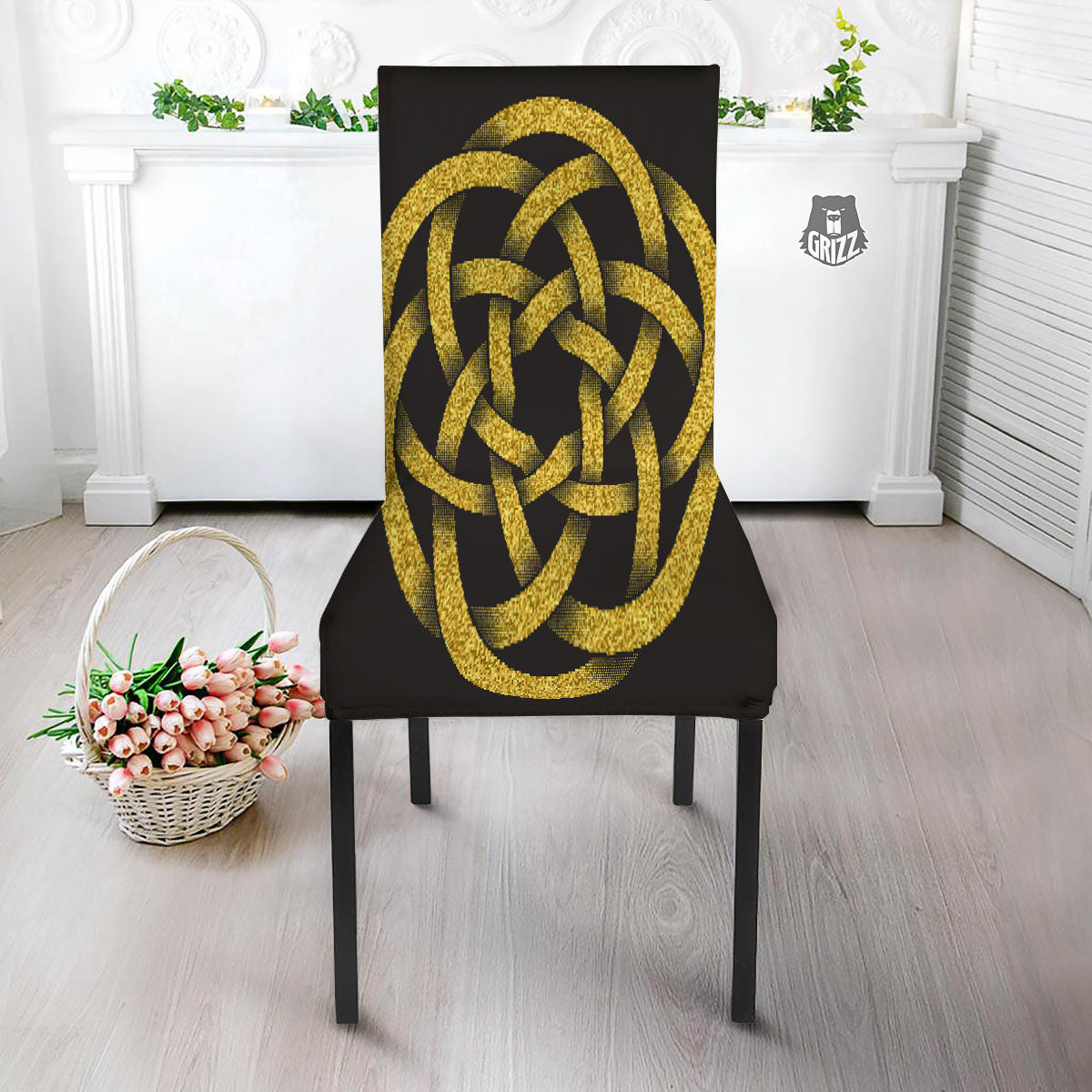 Celtic Knot Symbol Gold Circle Print Dining Chair Slipcover-grizzshop