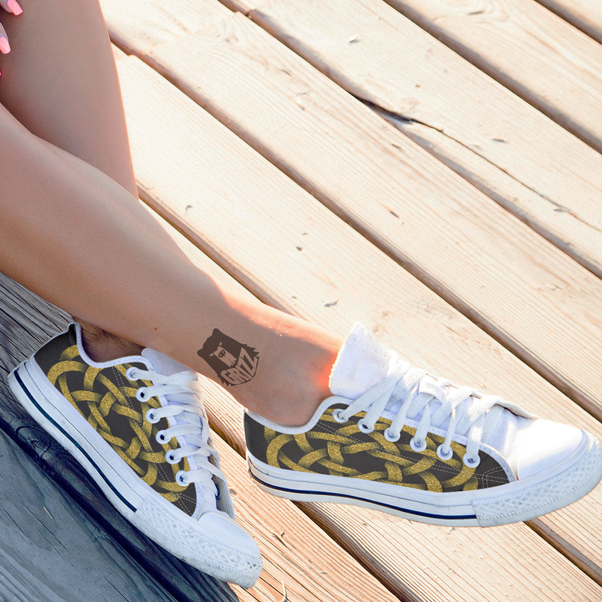 Celtic Knot Symbol Gold Circle Print White Low Top Shoes-grizzshop