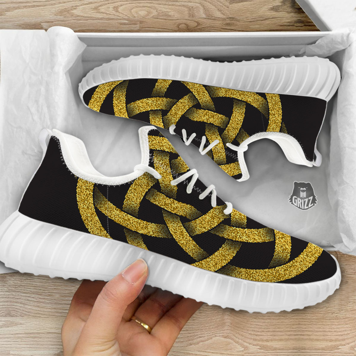 Celtic Knot Symbol Gold Circle Print White Walking Shoes-grizzshop