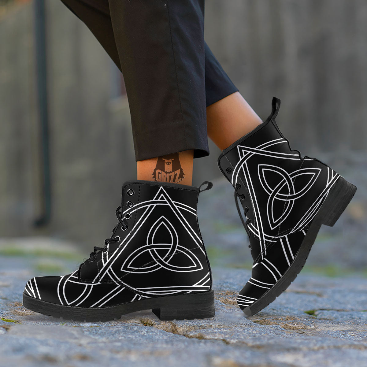 Celtic Knot White And Black Print Leather Boots-grizzshop
