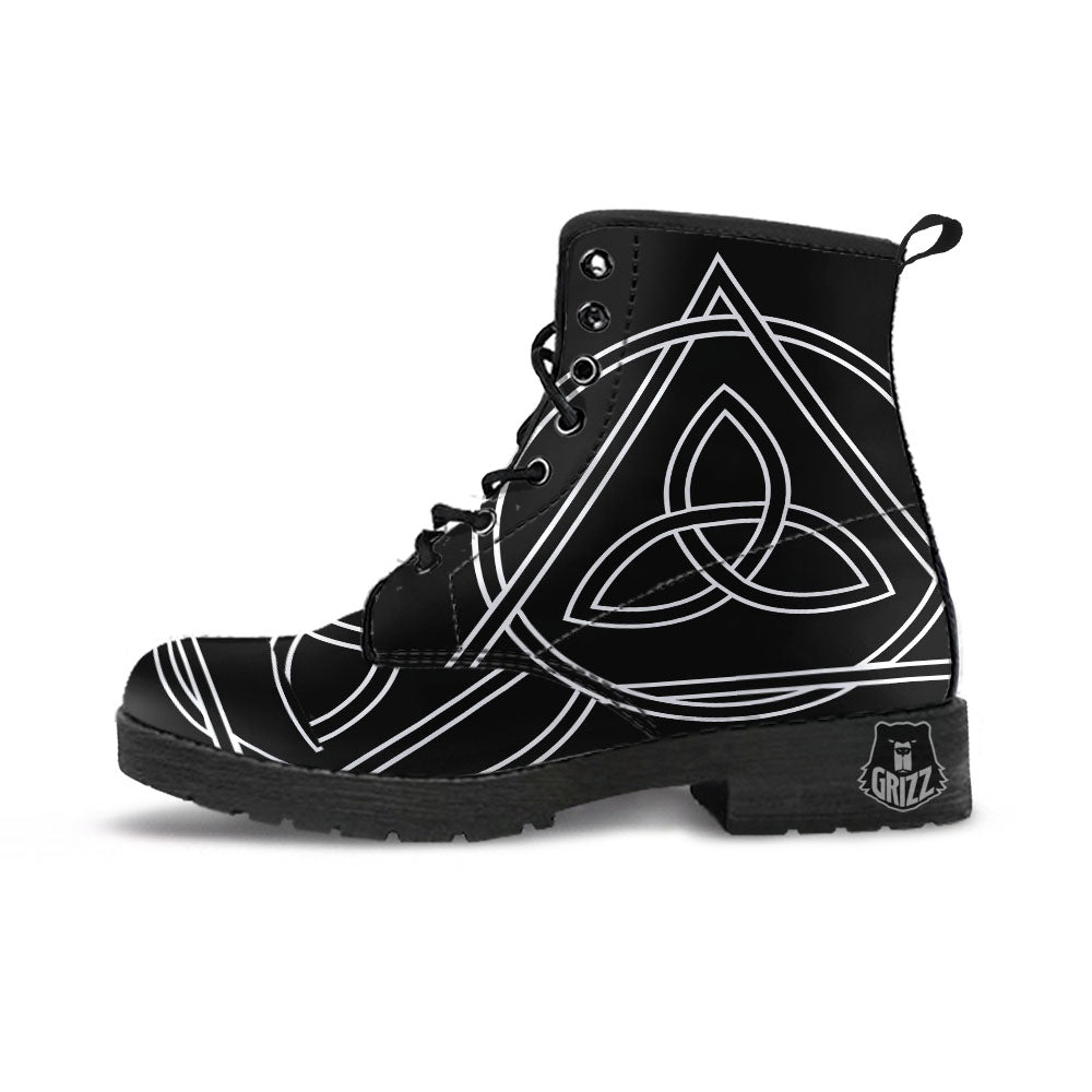 Celtic Knot White And Black Print Leather Boots-grizzshop