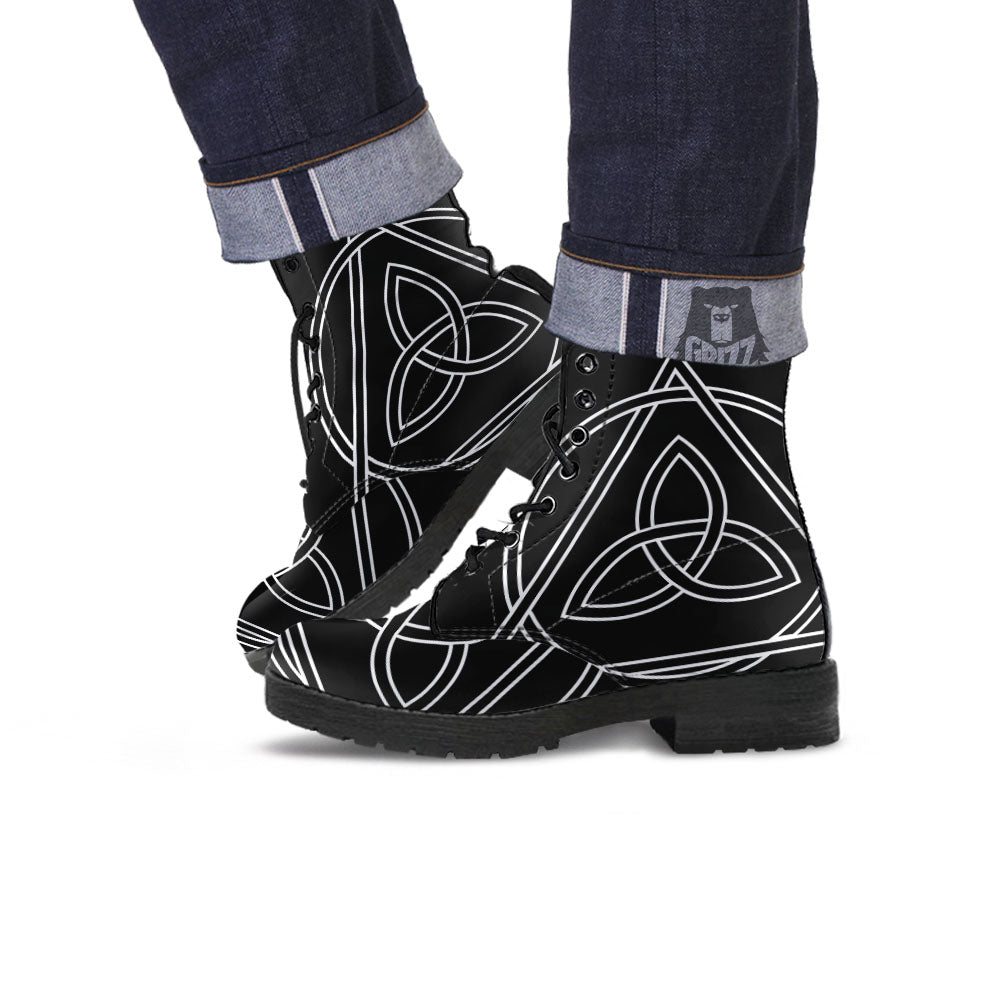 Celtic Knot White And Black Print Leather Boots-grizzshop