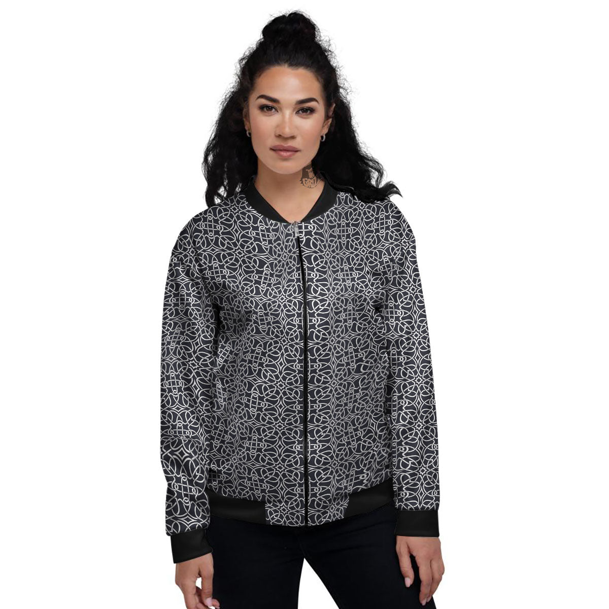 Celtic White And Black Print Pattern Women's Bomber Jacket-grizzshop