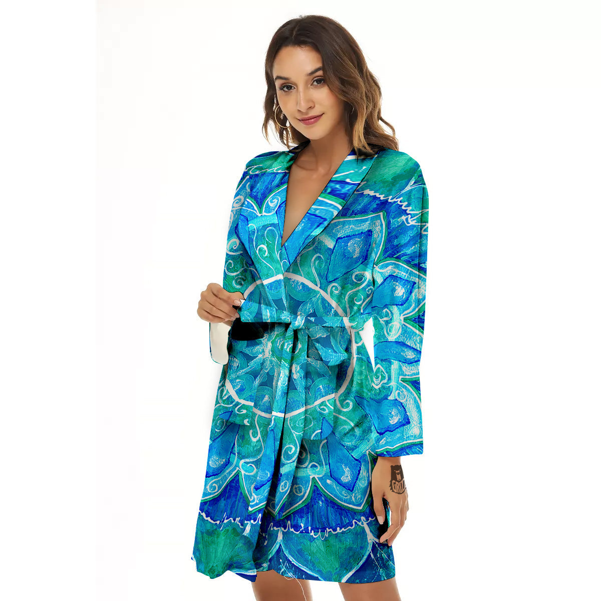 Chakra Mandala Blue Vishuddha Print Women's Robe-grizzshop
