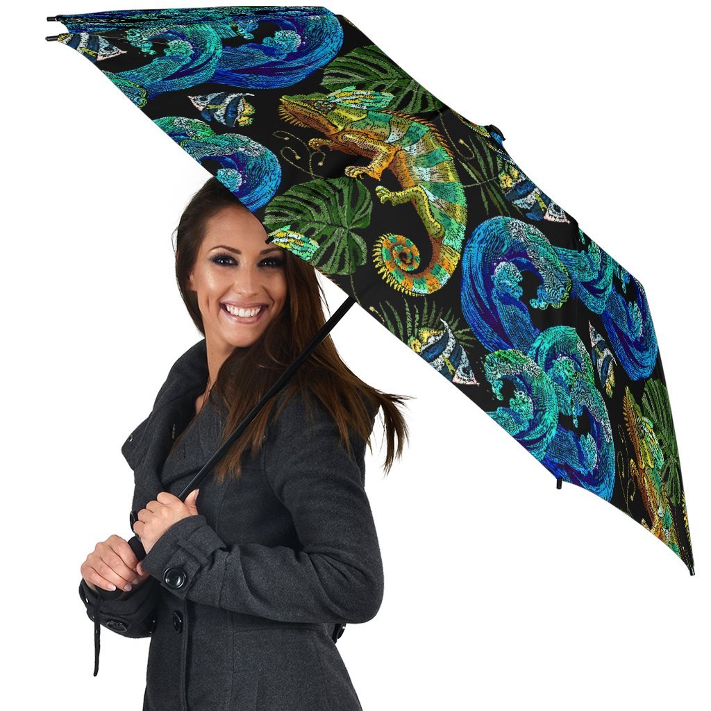 Chameleon Pattern Print Automatic Foldable Umbrella-grizzshop