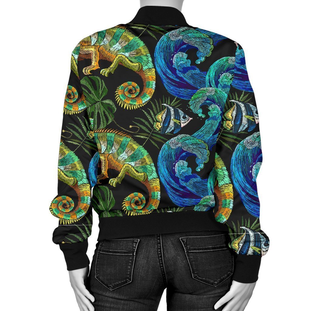 Chameleon Pattern Print Women Casual Bomber Jacket-grizzshop