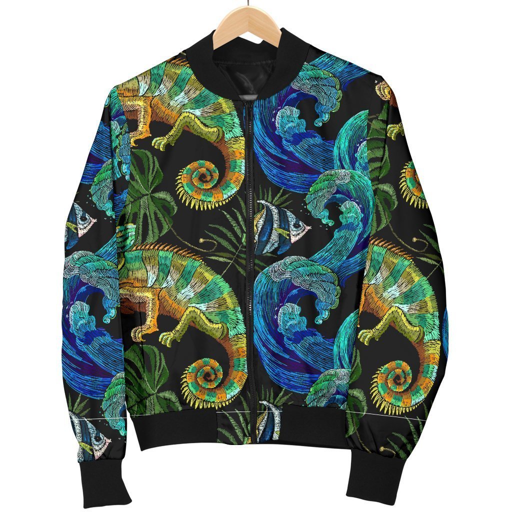 Chameleon Pattern Print Women Casual Bomber Jacket-grizzshop