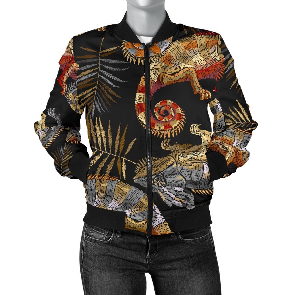 Chameleon Print Pattern Women Casual Bomber Jacket-grizzshop