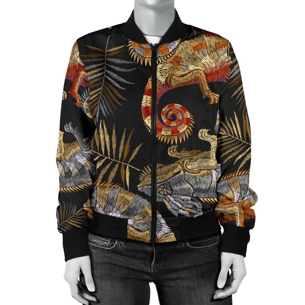 Chameleon Print Pattern Women Casual Bomber Jacket-grizzshop