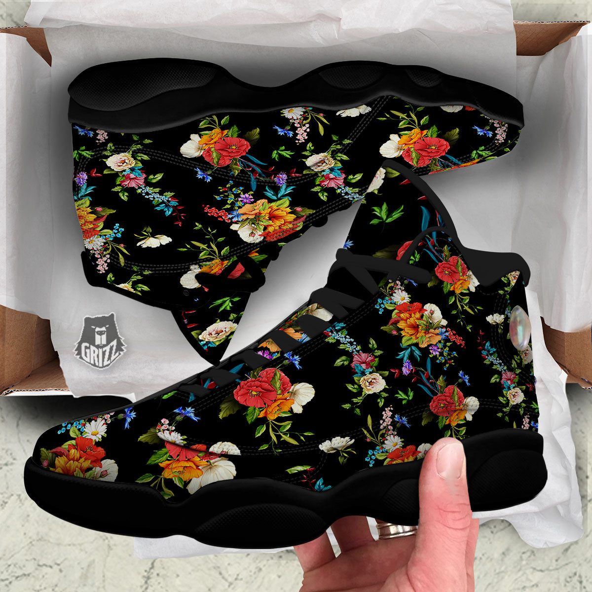 Chamomile And Poppy Print Pattern Black Basketball Shoes-grizzshop