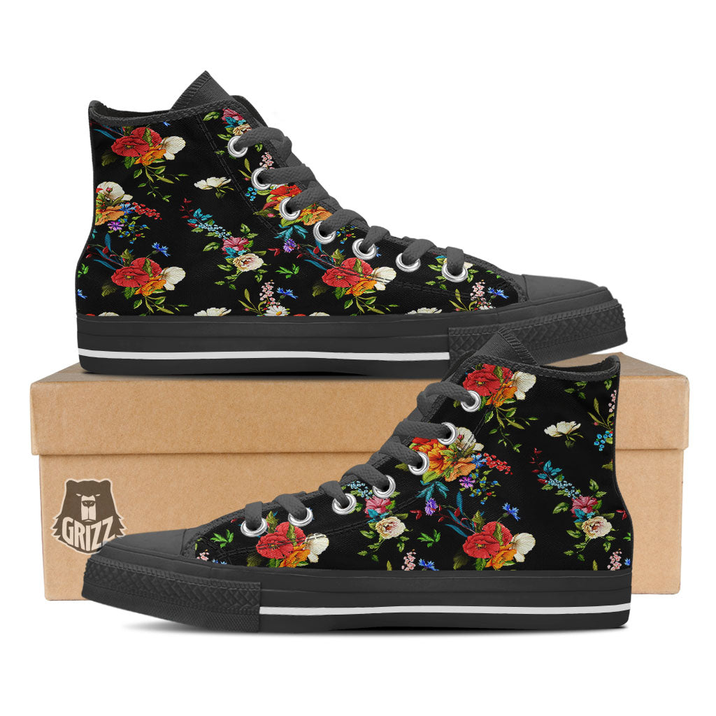 Chamomile And Poppy Print Pattern Black High Top Shoes-grizzshop