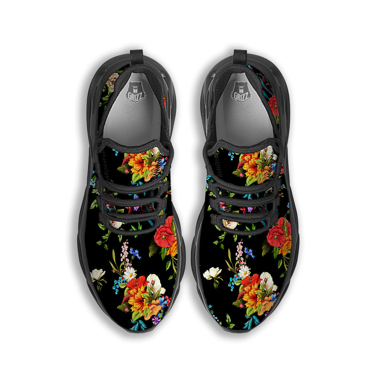 Chamomile And Poppy Print Pattern Black Running Shoes-grizzshop