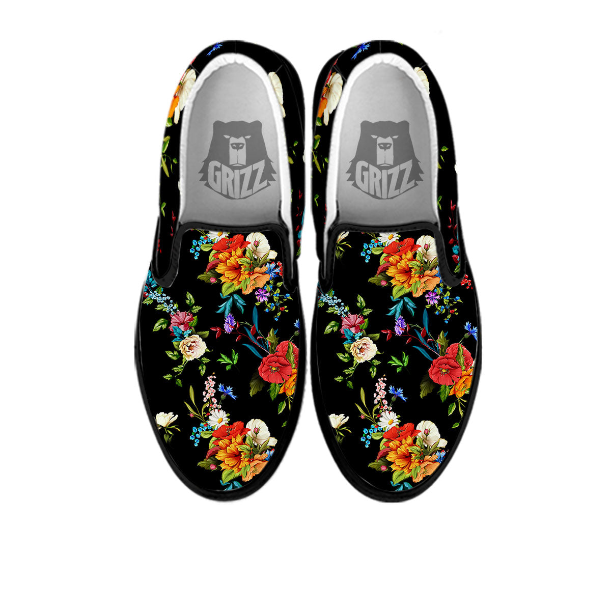 Chamomile And Poppy Print Pattern Black Slip On Shoes-grizzshop