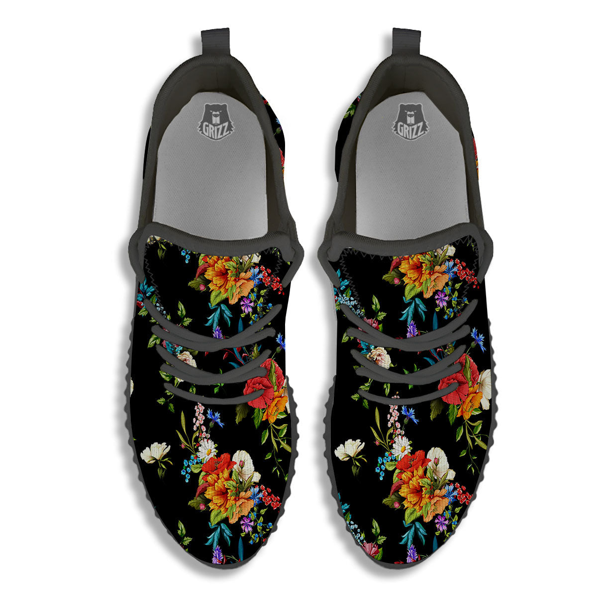 Chamomile And Poppy Print Pattern Black Walking Shoes-grizzshop