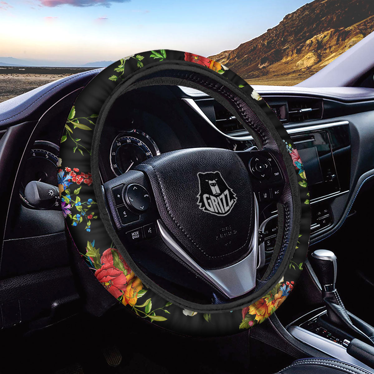 Chamomile And Poppy Print Pattern Car Steering Wheel Cover-grizzshop