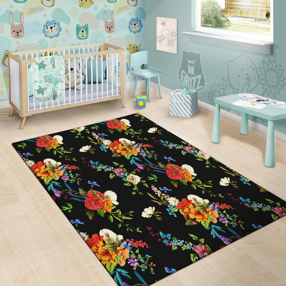 Chamomile And Poppy Print Pattern Floor Mat-grizzshop