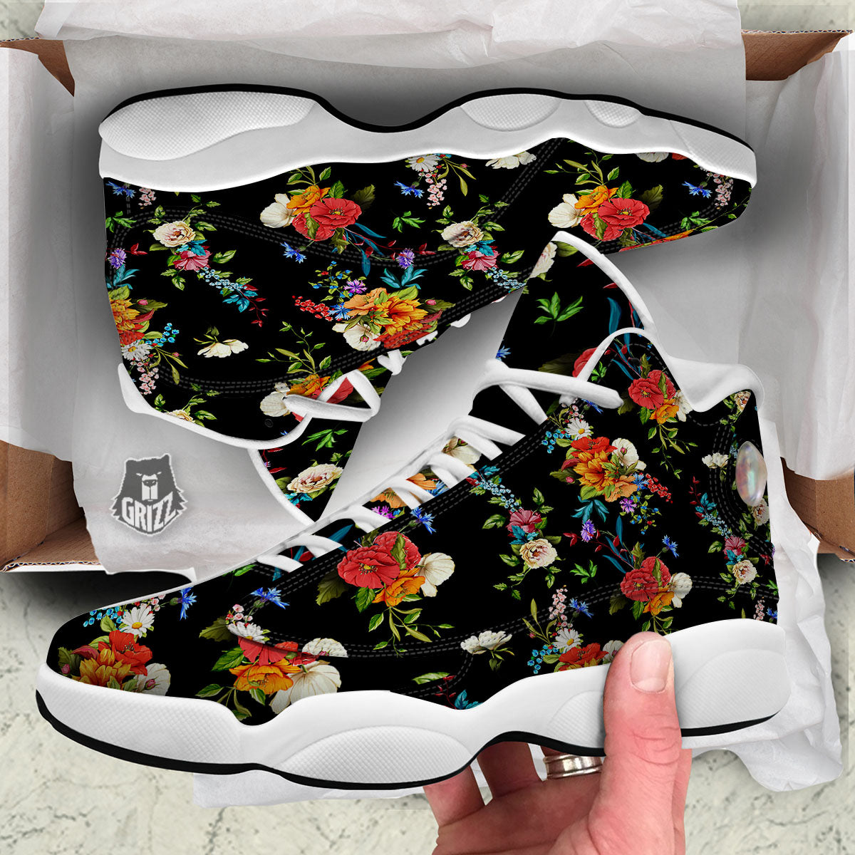 Chamomile And Poppy Print Pattern White Basketball Shoes-grizzshop