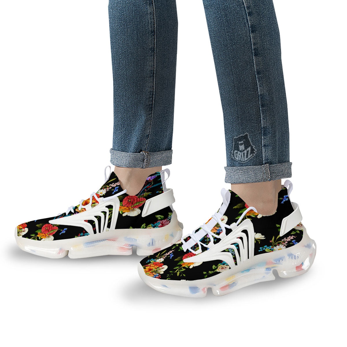 Chamomile And Poppy Print Pattern White Gym Shoes-grizzshop