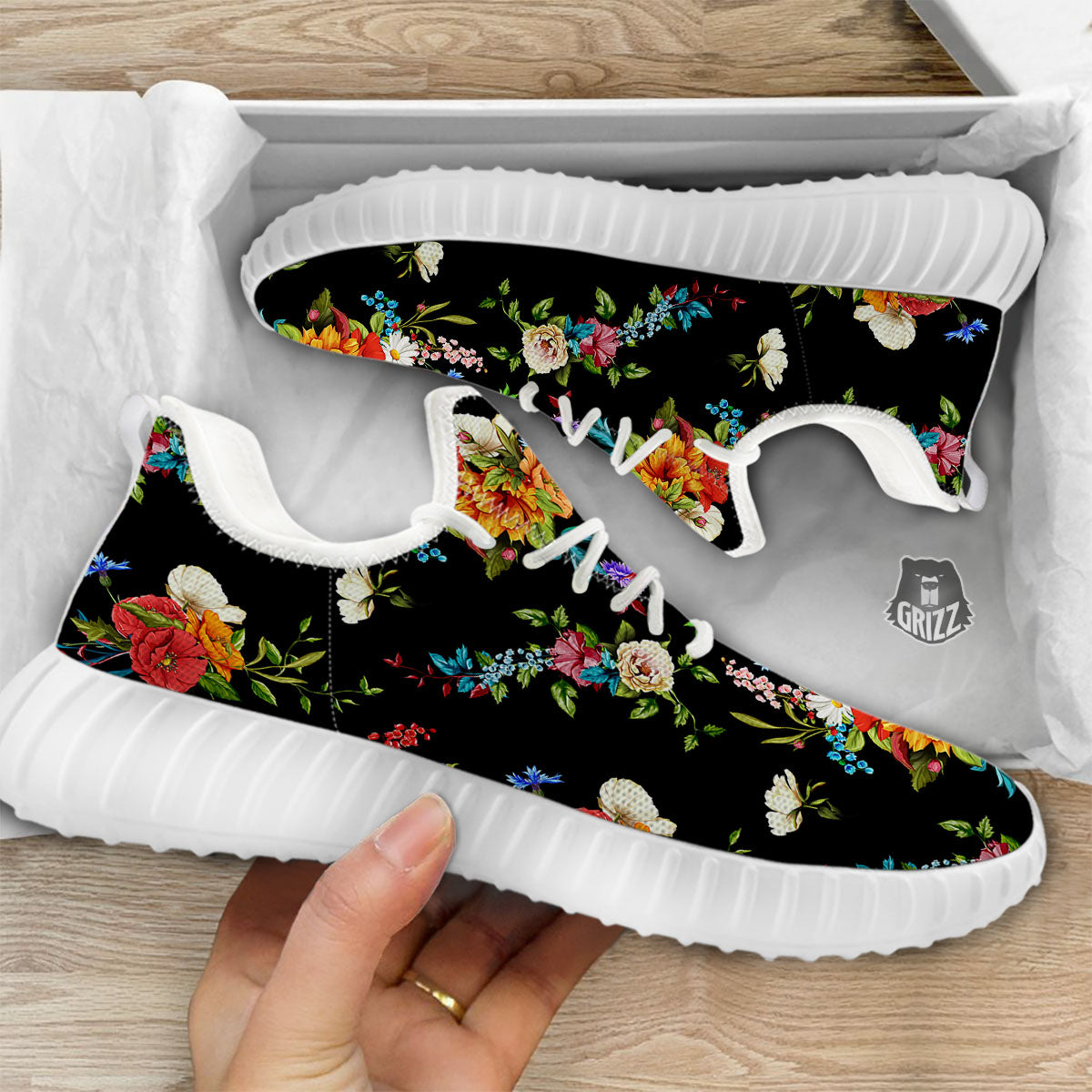 Chamomile And Poppy Print Pattern White Walking Shoes-grizzshop