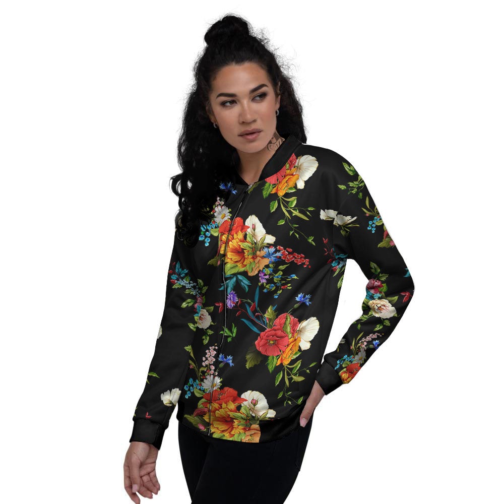 Chamomile And Poppy Print Pattern Women's Bomber Jacket-grizzshop