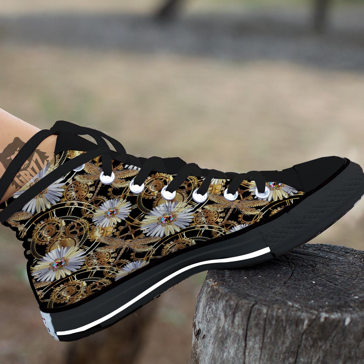 Chamomile Steampunk Print Pattern Black High Top Shoes-grizzshop