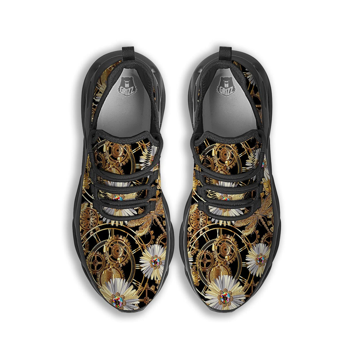 Chamomile Steampunk Print Pattern Black Running Shoes-grizzshop