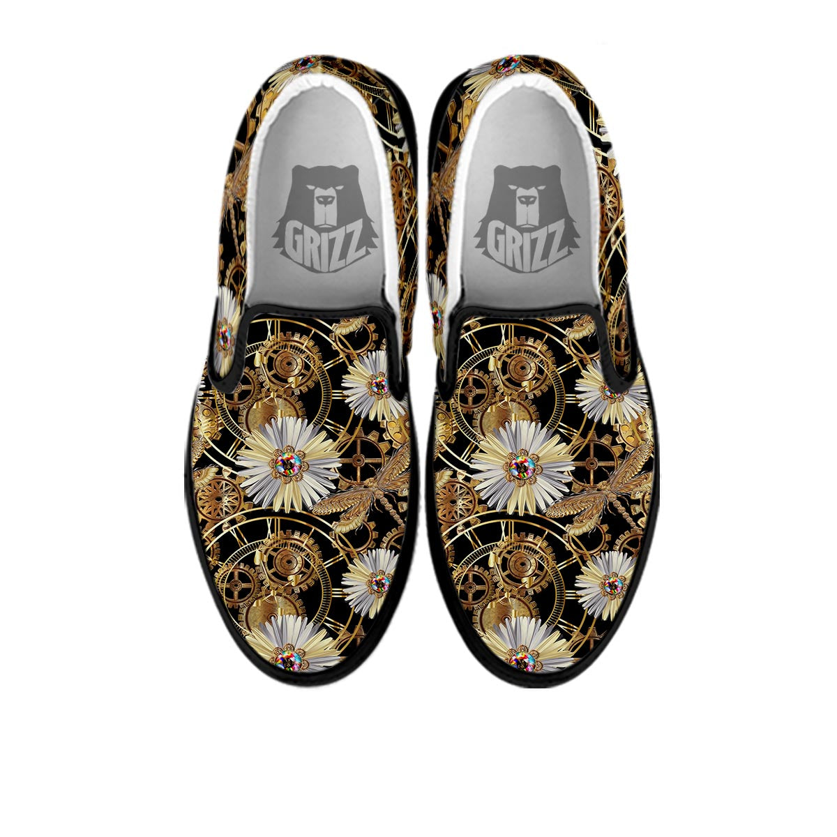 Chamomile Steampunk Print Pattern Black Slip On Shoes-grizzshop