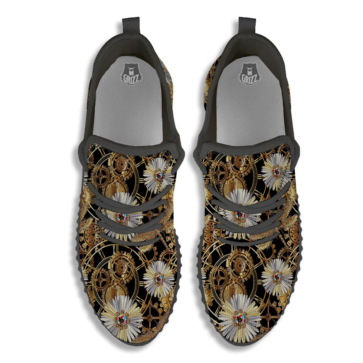 Chamomile Steampunk Print Pattern Black Walking Shoes-grizzshop