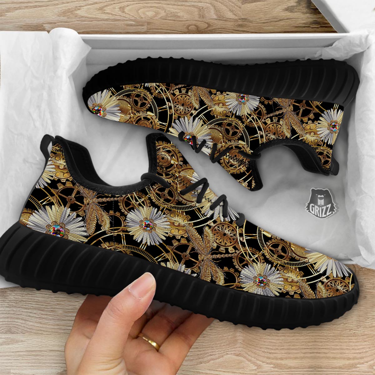 Chamomile Steampunk Print Pattern Black Walking Shoes-grizzshop