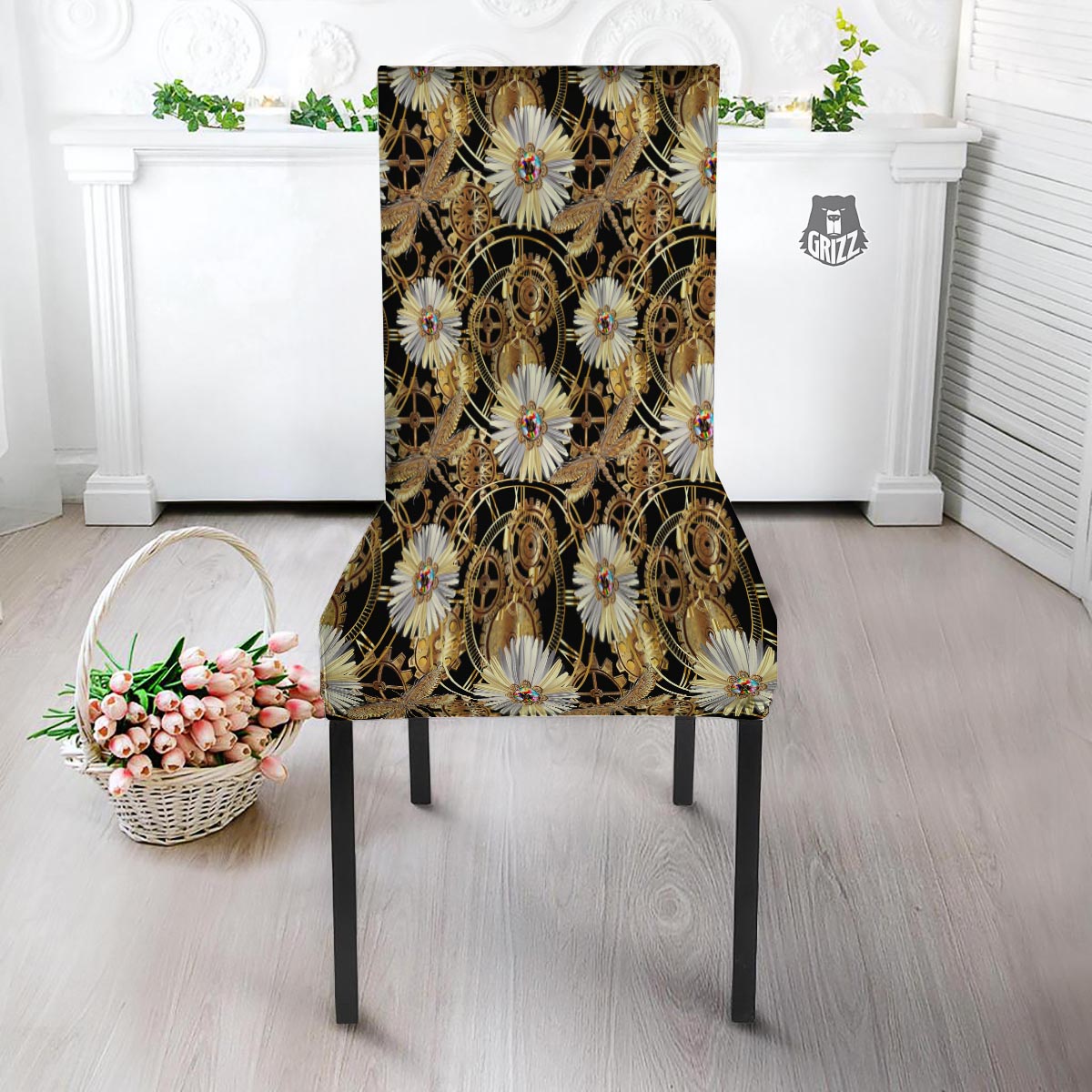Chamomile Steampunk Print Pattern Dining Chair Slipcover-grizzshop