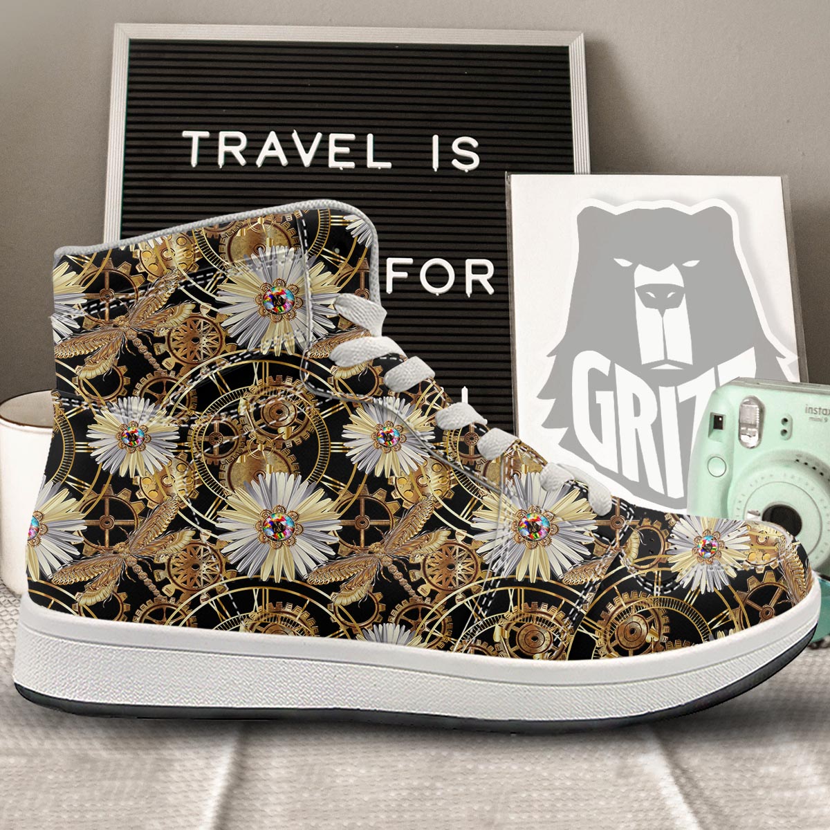 Chamomile Steampunk Print Pattern High Top Sneakers-grizzshop