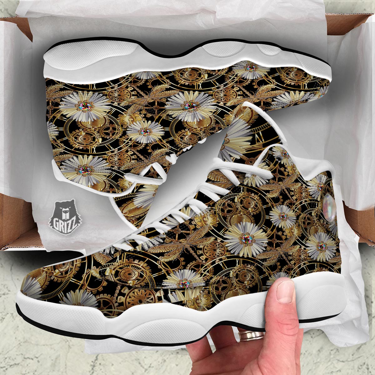 Chamomile Steampunk Print Pattern White Basketball Shoes-grizzshop
