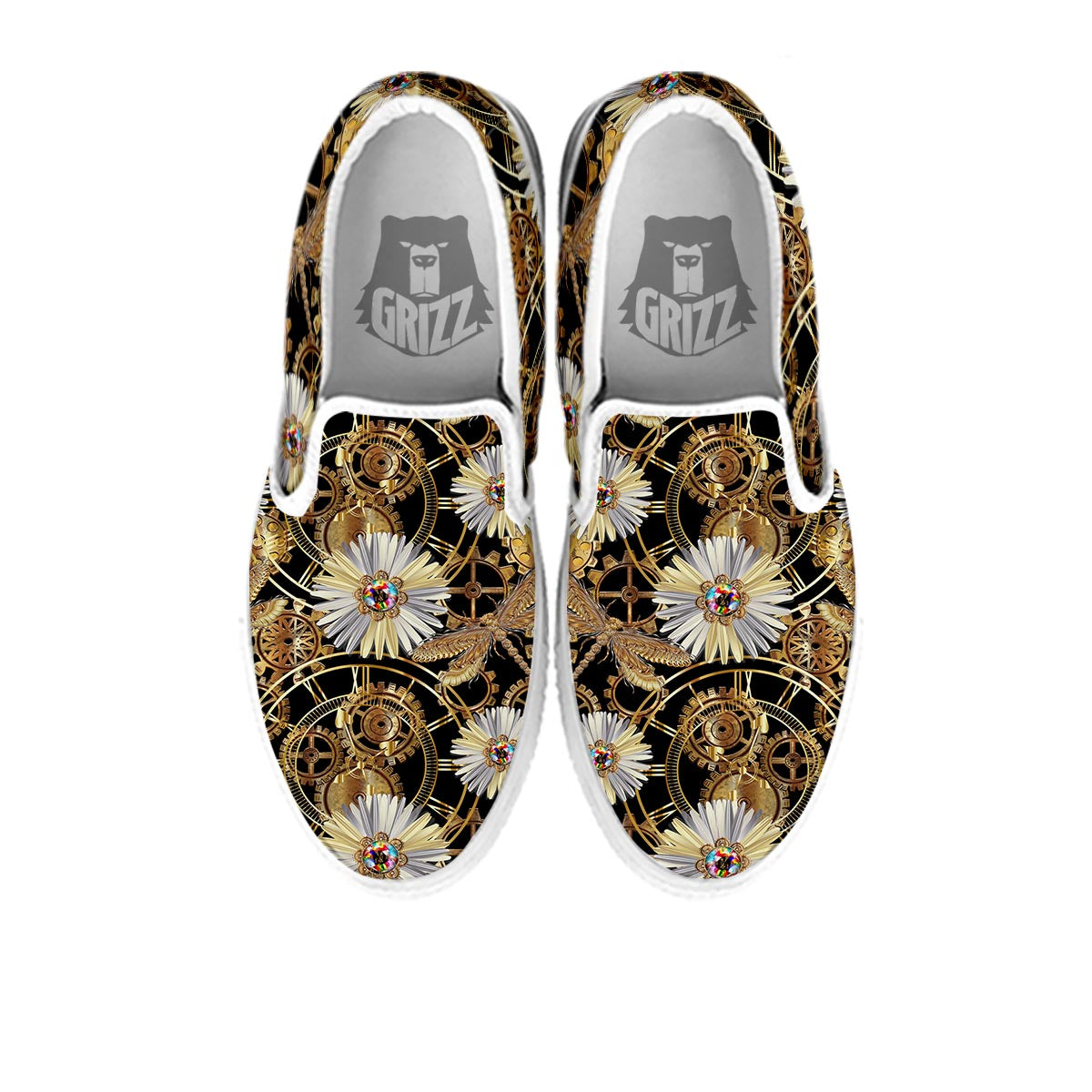 Chamomile Steampunk Print Pattern White Slip On Shoes-grizzshop