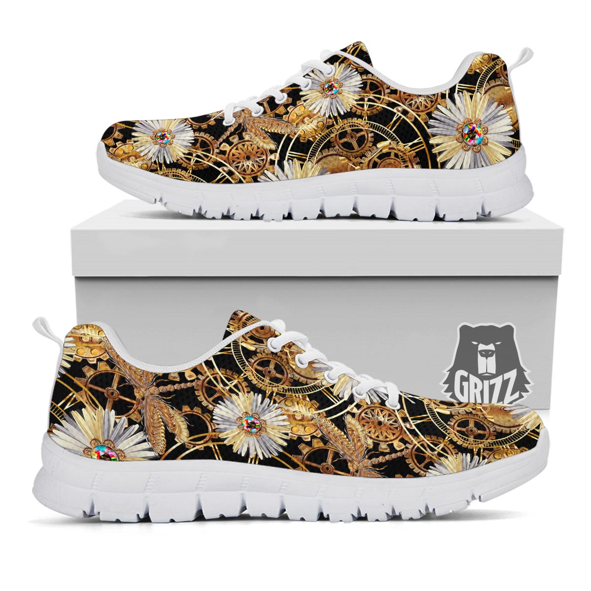 Chamomile Steampunk Print Pattern White Sneaker-grizzshop