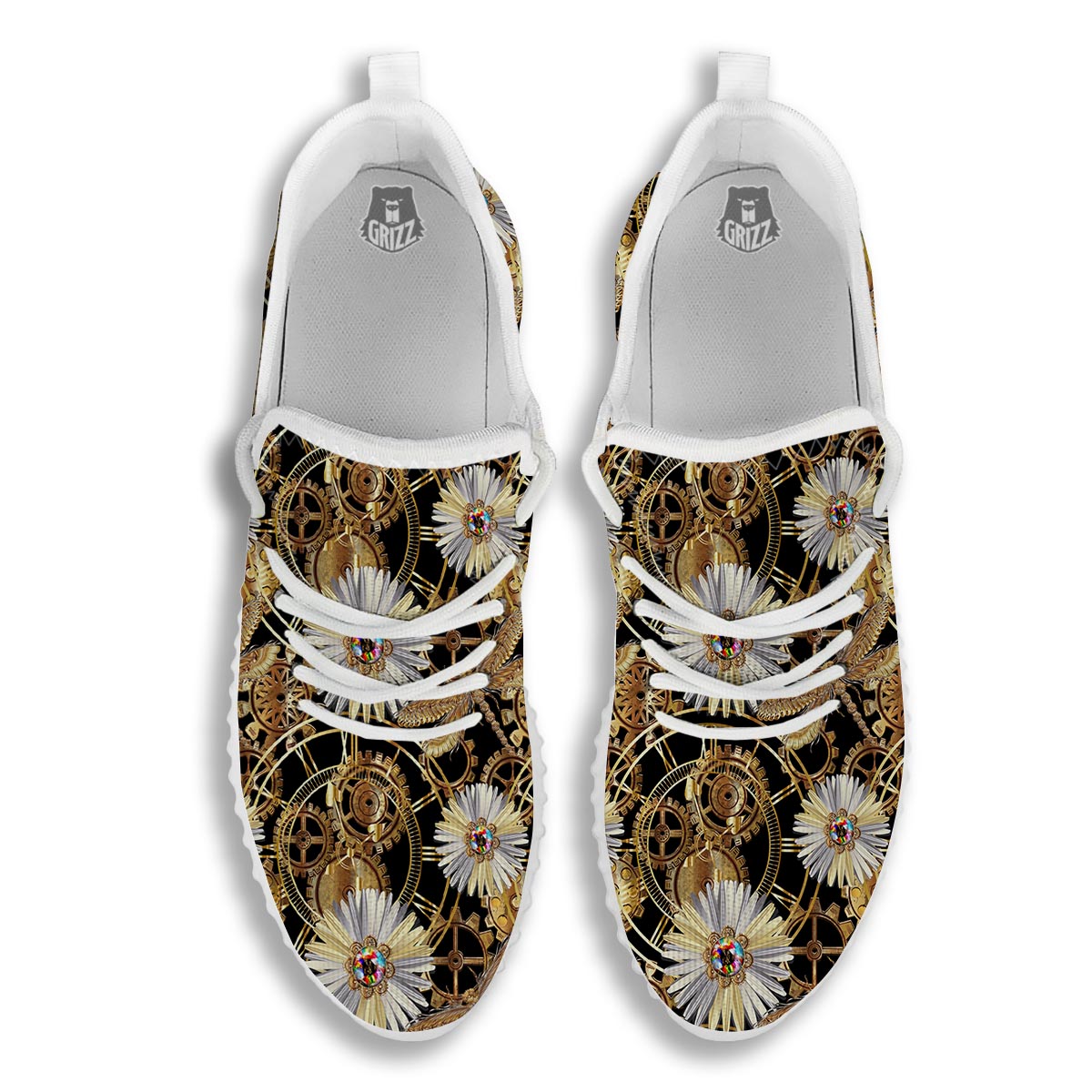 Chamomile Steampunk Print Pattern White Walking Shoes-grizzshop